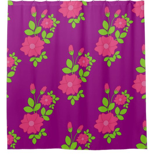 Purple seamless pattern with pink flowers and gree douchegordijn (Voorkant)