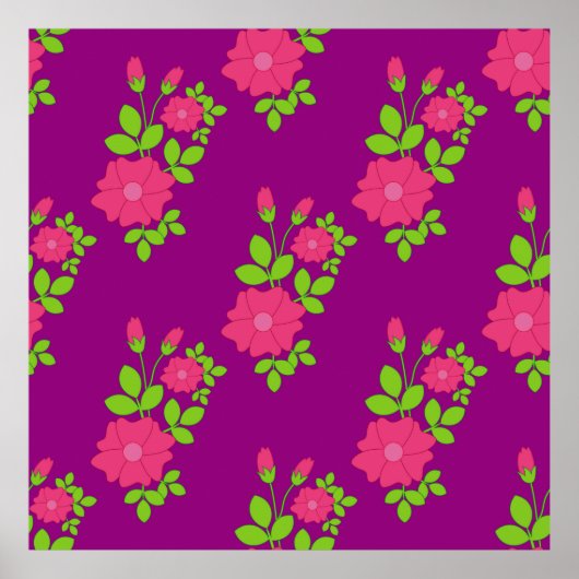 Purple seamless pattern with pink flowers and gree poster (Voorkant)