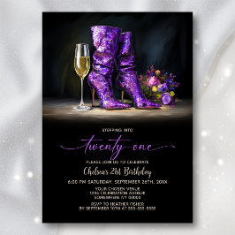 Purple Sequin Boots 21st Birthday Party Kaart