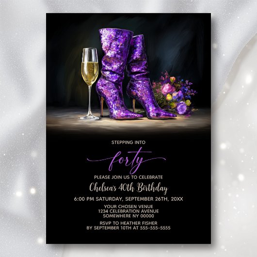 Purple Sequin Boots 40th Birthday Party Kaart