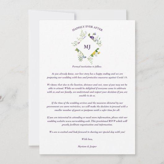 Purple Shades Fancy Romantic Floral Bouquet Save The Date (Achterkant)