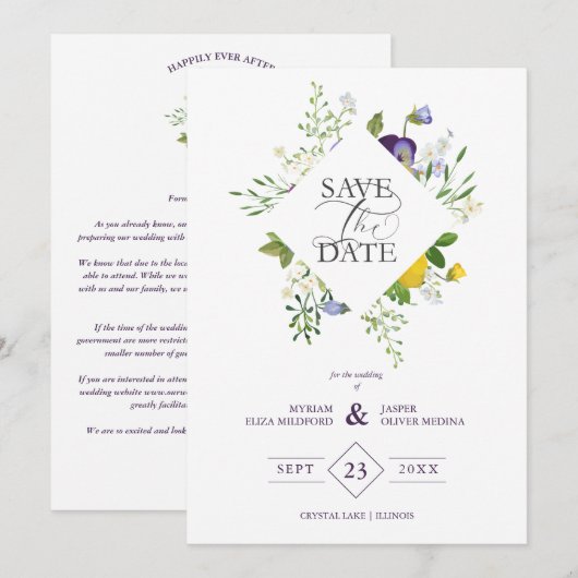 Purple Shades Fancy Romantic Floral Bouquet Save The Date (Voorkant / Achterkant)