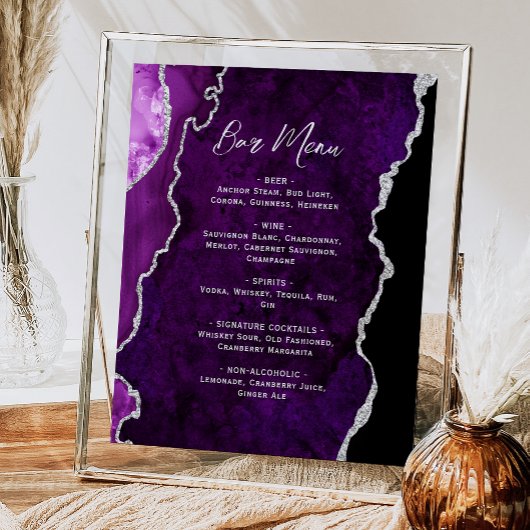 Purple Silver Agate Script Wedding Bar Menu  Poster