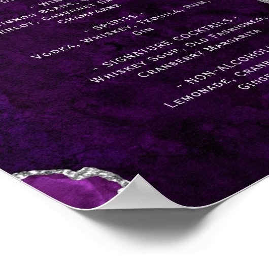 Purple Silver Agate Script Wedding Bar Menu  Poster (Hoek)