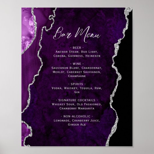 Purple Silver Agate Script Wedding Bar Menu  Poster (Voorkant)