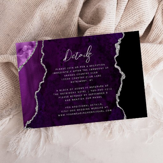 Purple Silver Agate Script Wedding Details Informatiekaartje