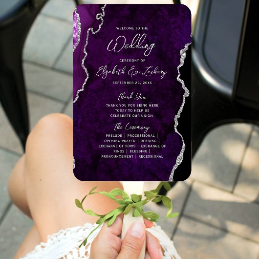 Purple Silver Agate Script Wedding Program Handwaaier