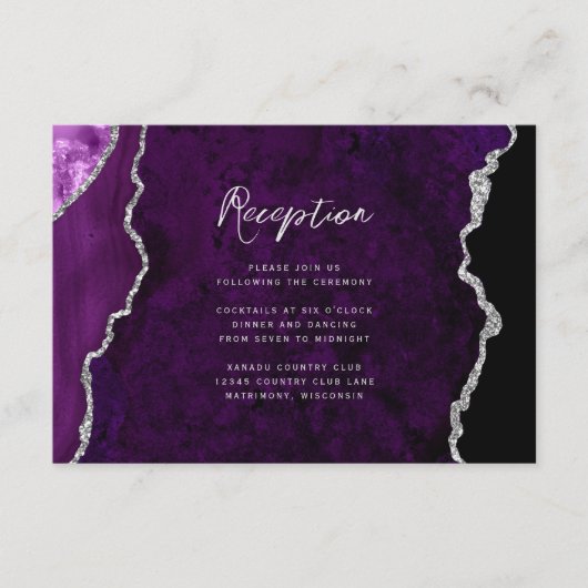 Purple Silver Agate Script Wedding Reception Informatiekaartje (Voorkant)