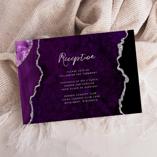 Purple Silver Agate Script Wedding Reception Informatiekaartje