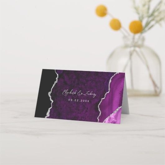 Purple Silver Agate Script Wedding Table Plaatskaartje (Achterkant)