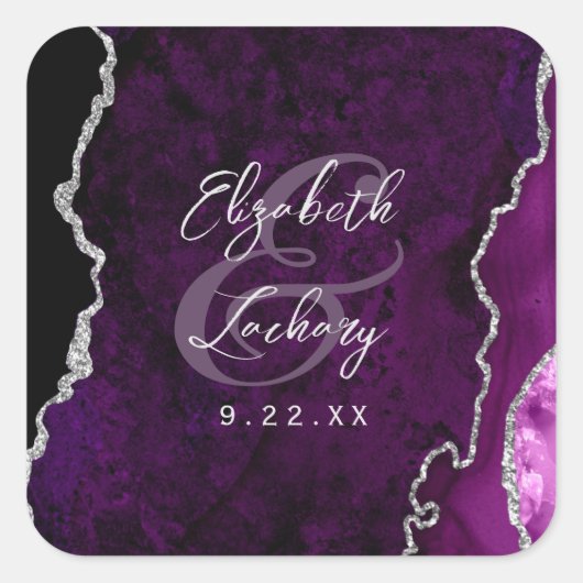 Purple Silver Agate Script Wedding Vierkante Sticker (Voorkant)