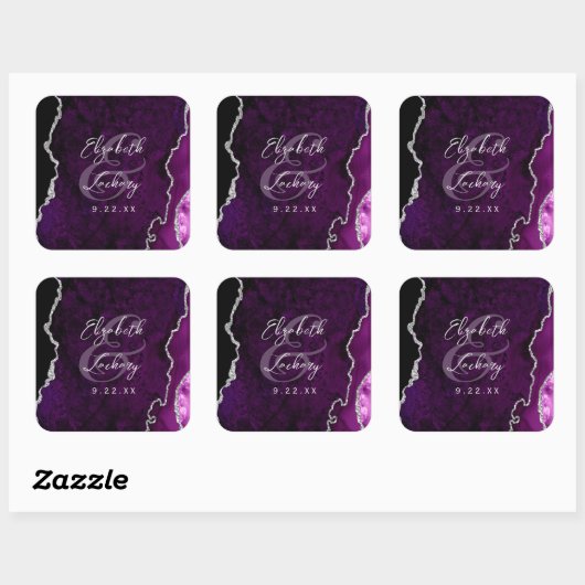 Purple Silver Agate Script Wedding Vierkante Sticker (Vel)