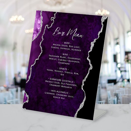 Purple Silver Agate Wedding Bar Menu Reclamebord Met Voetstuk