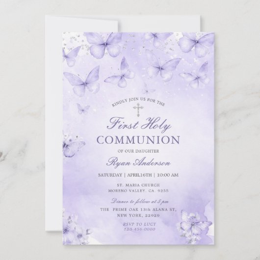 Purple Silver Butterfly First Holy Communion  Kaart (Voorkant)