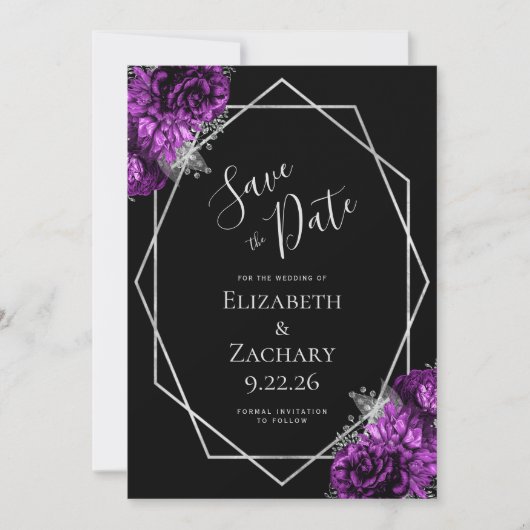 Purple Silver Floral Geometric Black Save the Date (Voorkant)