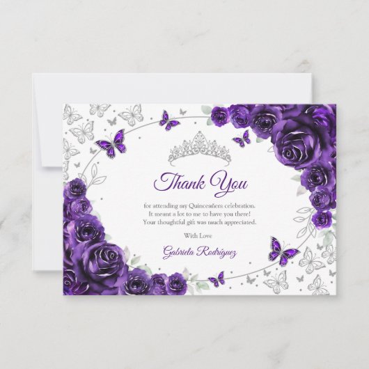 Purple Silver Floral Quinceanera Bedankkaart (Voorkant)