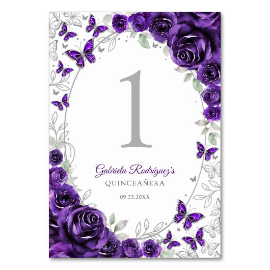 Purple Silver Floral Quinceanera Kaart (Voorkant)
