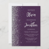 Purple Silver Glitter Calligraphy QR Code Wedding Kaart (Voorkant)