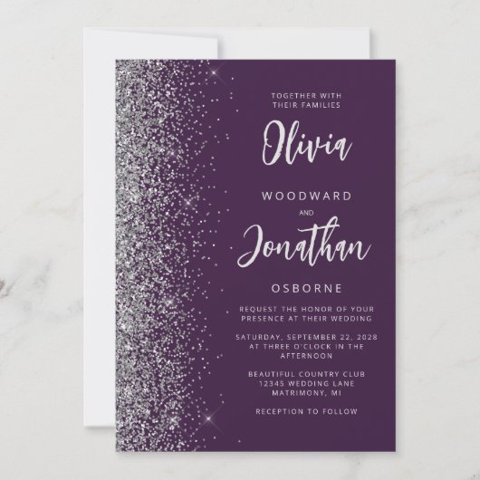Purple Silver Glitter Calligraphy QR Code Wedding Kaart (Voorkant)