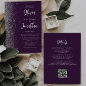 Purple Silver Glitter Calligraphy QR Code Wedding Kaart