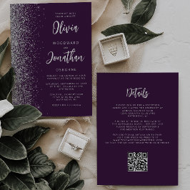 Purple Silver Glitter Calligraphy QR Code Wedding Kaart