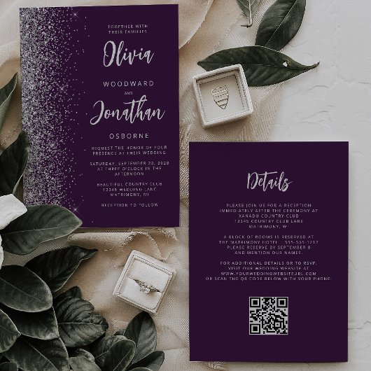 Purple Silver Glitter Calligraphy QR Code Wedding Kaart