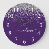 Purple Silver Glitter Girly Glam Monogram Grote Klok (Voorkant)