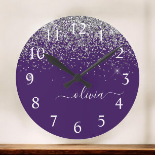 Purple Silver Glitter Girly Glam Monogram Grote Klok