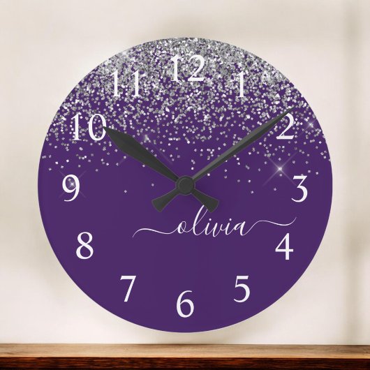 Purple Silver Glitter Girly Glam Monogram Grote Klok
