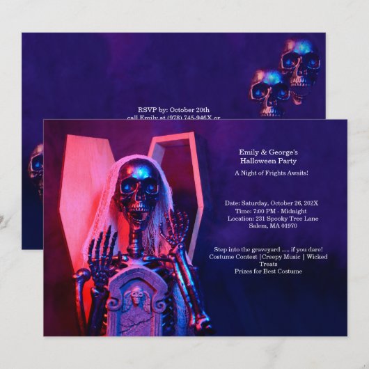 Purple Skeleton Coffin Halloween Party Kaart (Voorkant / Achterkant)