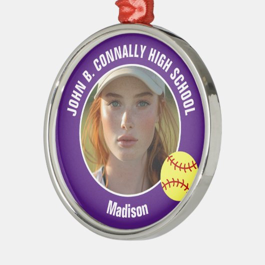 Purple Softball Player Photo High School Christmas Metalen Ornament (Links)