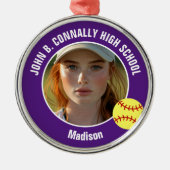 Purple Softball Player Photo High School Christmas Metalen Ornament (Voorkant)