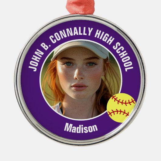 Purple Softball Player Photo High School Christmas Metalen Ornament (Voorkant)