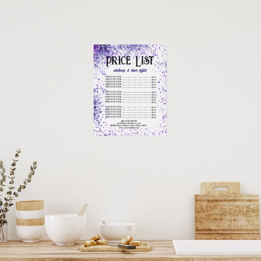 Purple Sparkle Prijslijst voor Schoonheidsspeciali Poster (Keuken)