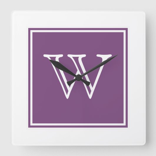 Purple Square Monogram Clock Vierkante Klok (Voorkant)