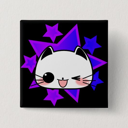 Purple stars. White cat. Vierkante Button 5,1 Cm (Voorkant)