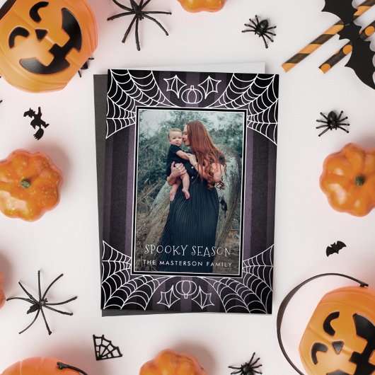 Purple stripe spiderwebs Halloween photo Folie Feestdagenkaart