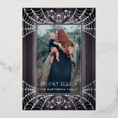 Purple stripe spiderwebs Halloween photo Folie Feestdagenkaart (Voorkant)