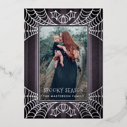 Purple stripe spiderwebs Halloween photo Folie Feestdagenkaart (Voorkant)