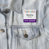 Purple Student Name Badge Button with School Logo (In situ)