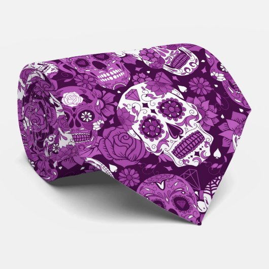 Purple sugar skull floral ornamental pattern stropdas (Opgerold)