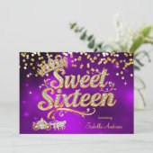 Purple Sweet 16 Birthday Diamond Tiara Carriage Kaart (Staand voorkant)