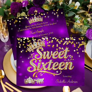 Purple Sweet 16 Birthday Diamond Tiara Carriage Kaart