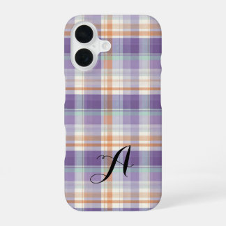 Purple Tartan Plaid Monogram Design iPhone 16 Hoesje