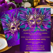 Purple Teal Blue Masks Masquerade Birthday Party Kaart
