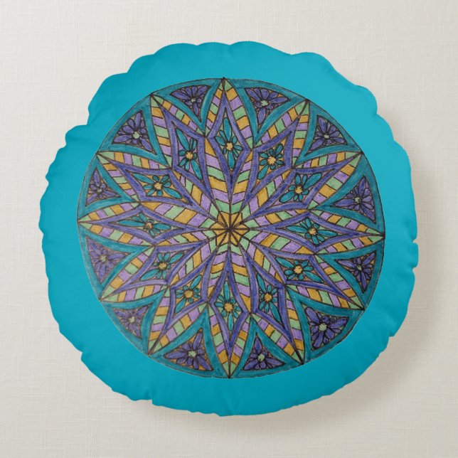 Purple/Teal Starburst Mandala Round Throw Pillow Rond Kussen (Voorkant)