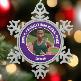 Purple Track & Field Photo High School Athlete Tin Sneeuwvlok Ornament