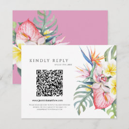 Purple Tropical Floral Hawaii QR Code Wedding RSVP Kaartje
