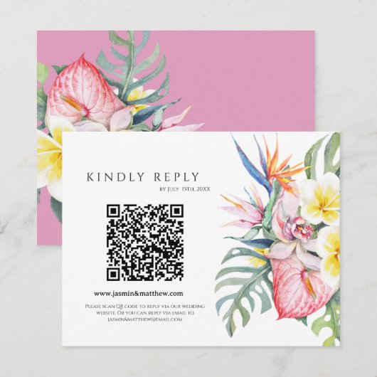 Purple Tropical Floral Hawaii QR Code Wedding RSVP Kaartje (Voorkant / Achterkant)