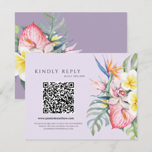 Purple Tropical Floral Hawaii QR Code Wedding RSVP Kaartje (Voorkant / Achterkant)